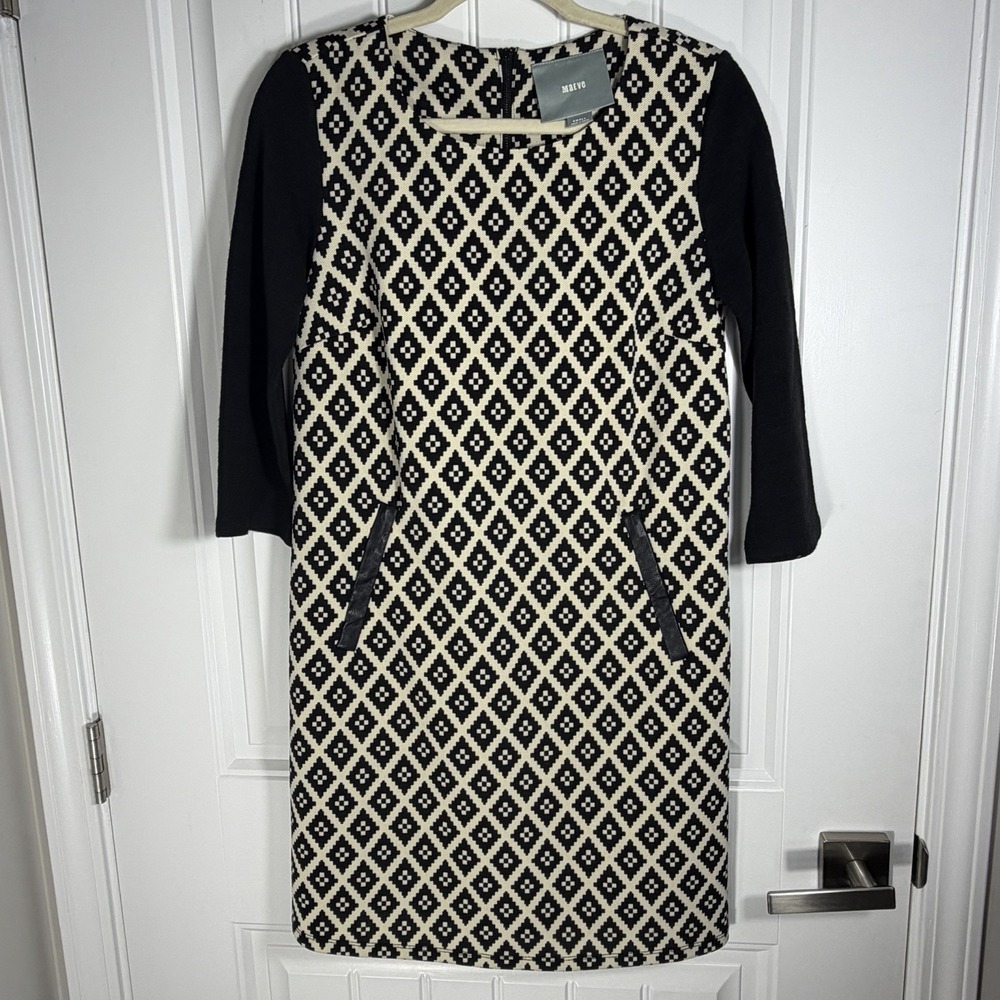 Maeve Anthropologie Women's S Black Cream Geometric 3/4 Sleeve Shift Dress